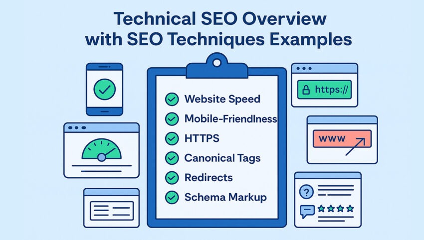 Technical SEO overview infographic showing key techniques such as website speed, mobile-friendliness, HTTPS, canonical tags, redirects, and schema markup.