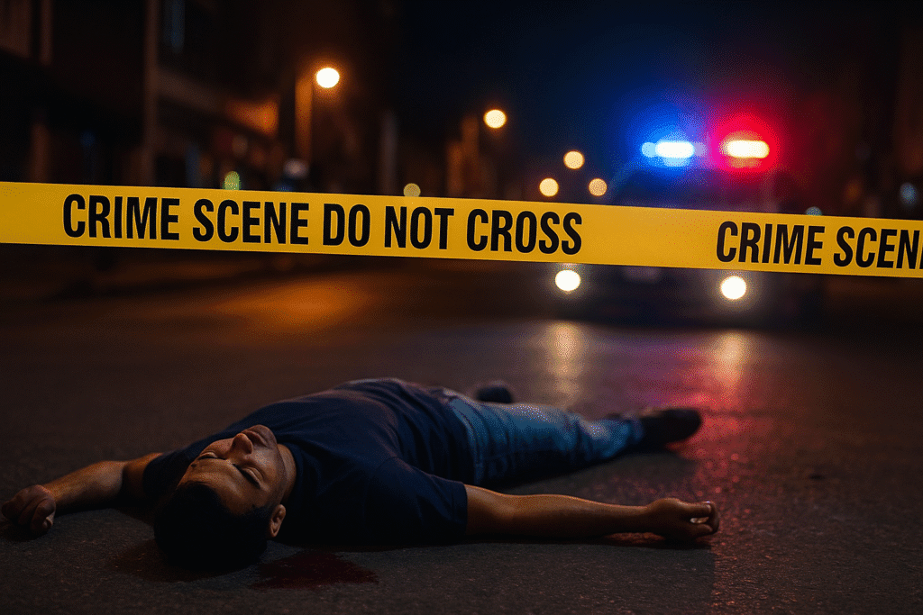 "Dead body lying on the road behind yellow crime scene tape with police car lights flashing in the background at night."