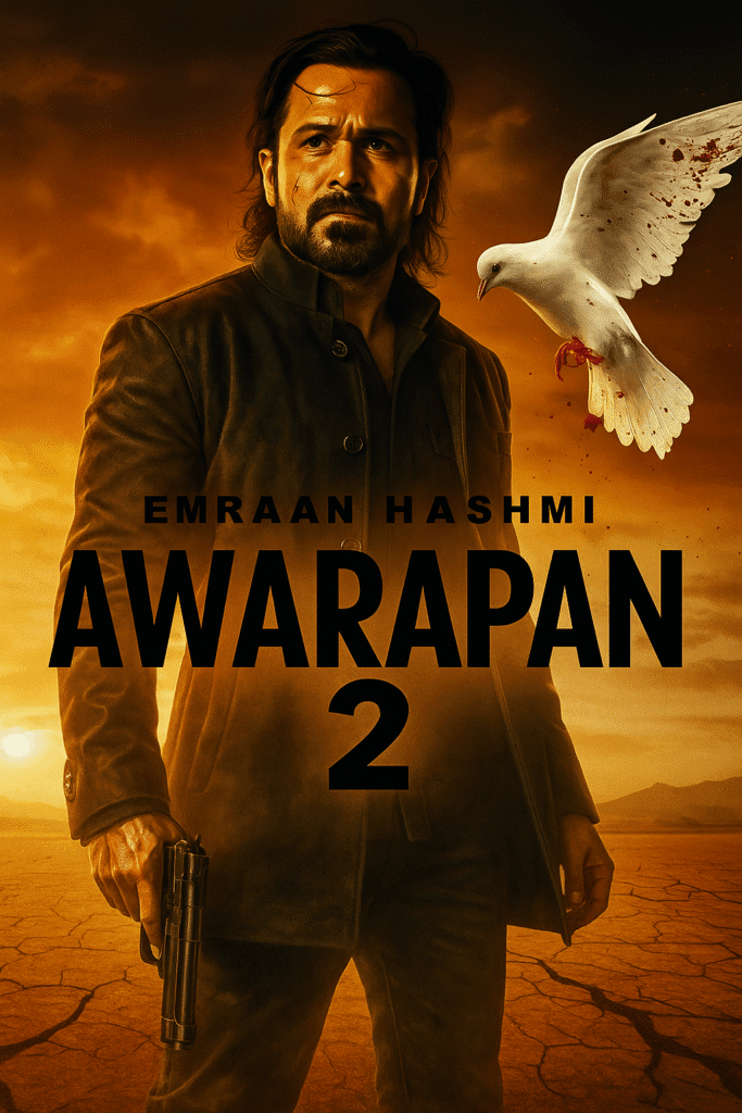 Bollywood Movies 2026: Full Details & Cast List of Upcoming Films 7 A dramatic movie poster for Awarapan 2 featuring actor Emraan Hashmi standing against a cracked desert backdrop under an orange sunset. He holds a gun in his right hand and looks intensely into the distance. A white dove with blood-stained wings flies near him. The bold text reads “EMRAAN HASHMI AWARAPAN 2.”