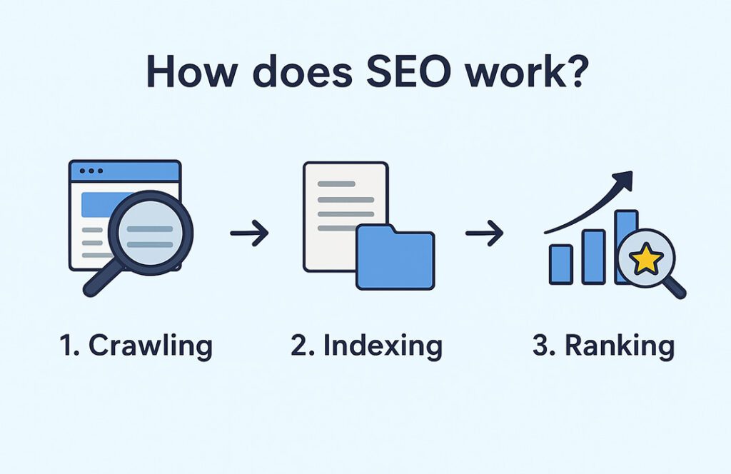 How Does SEO Work? A Step-by-Step Guide for Beginner 2 "How does SEO work step by step with Crawling, Indexing and Ranking