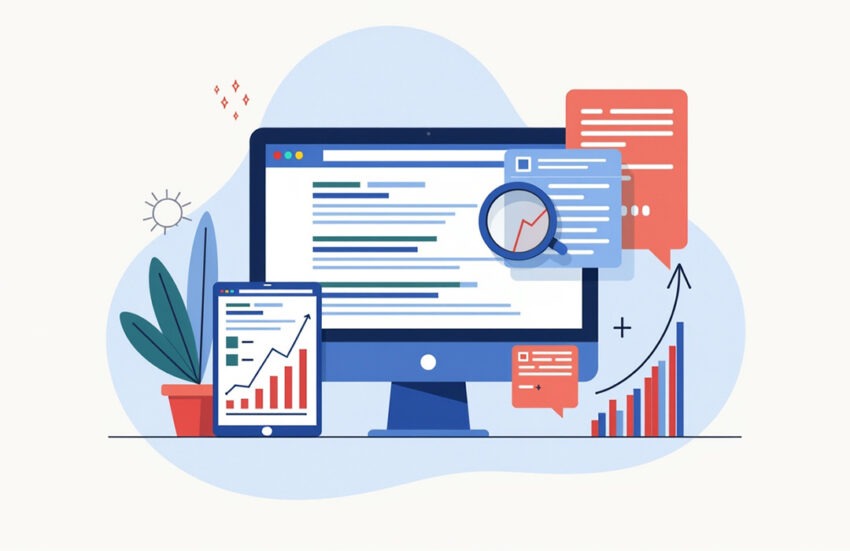 "How Does SEO Work illustrated with computer, graphs, and analytics for better website ranking