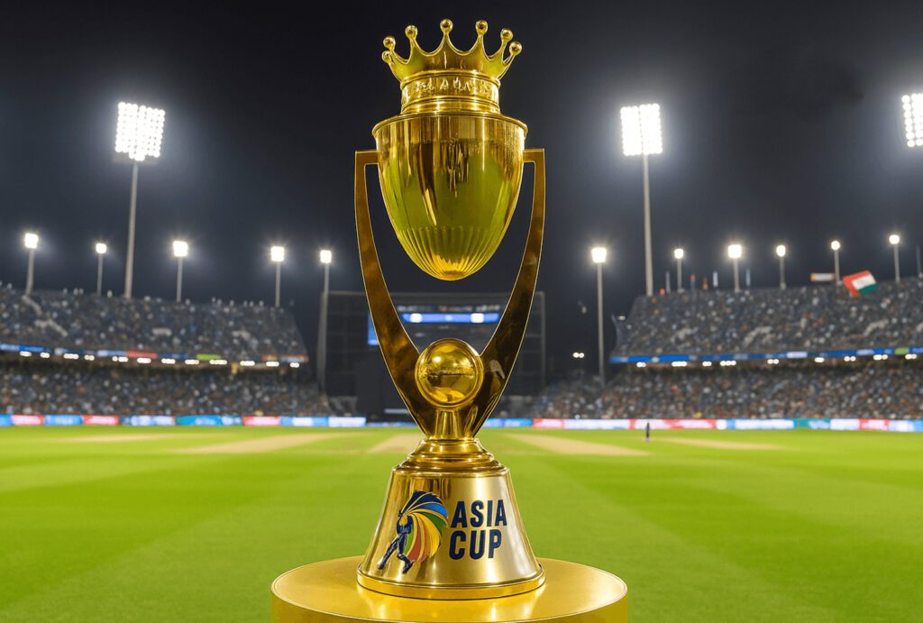 Asia Cup 2025 Trophy in Dubai International Cricket Stadium under floodlights