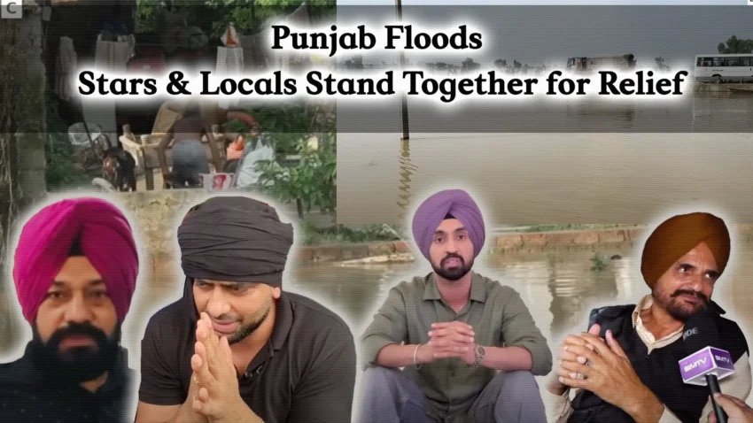 Punjab Floods 2025 "Flood-affected residents in Kapurthala, Punjab, standing outside their partially submerged homes with household items and clothes hanging to dry. (28 August 2025)" Diljit Dosanjh ,Mankirat Aulakh, Gurpreet Ghuggi